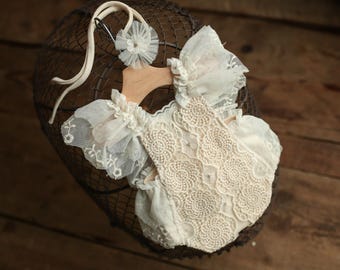 Outfit romper newborn baby girl & headband,Newborn Girl Outfit,Newborn Photography Props,Christening outfit,Newborn dress,Baby shower gift