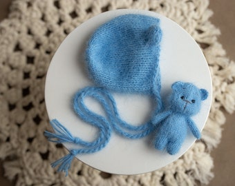 Newborn Knit Teddy Bear Outfit with Toy,Newborn Knit Bonnet,Newborn Photography Props Set,Newborn Photo Props,Baby Teddy Bear Crochet Toy