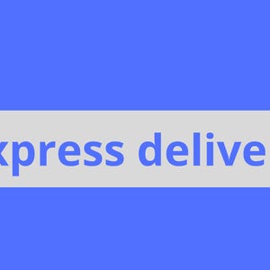 May include: A rectangular light gray label with rounded corners set against a vibrant blue background. The text Express delivery is printed in a bold blue sans-serif font across the center of the label, clearly visible and centered.