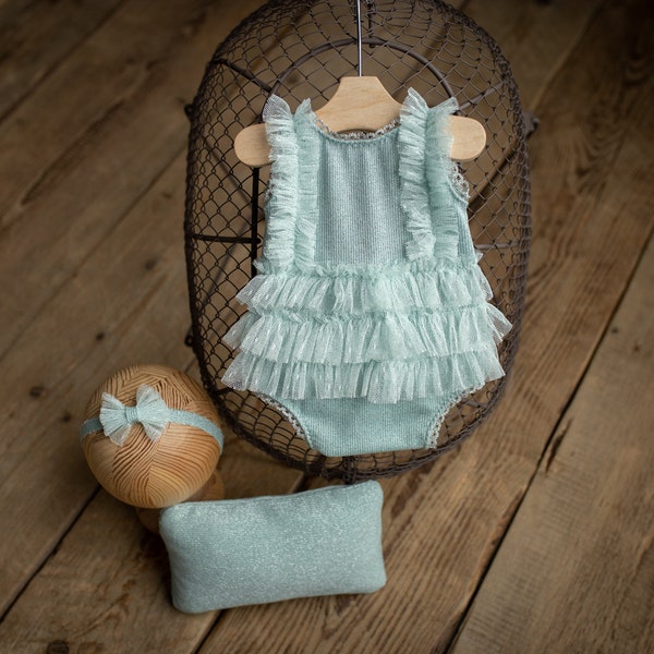 Mint newborn romper for girl with elegant lace trim, headband and newborn pillow prop,Newborn Girl Romper,Newborn Outfit,Newborn Photography