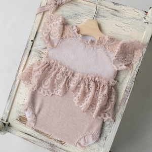 Newborn girl romper with elegant lace trim & headband,Newborn Romper,Newborn photography prop,Newborn photo outfit girl,Pregnancy gift