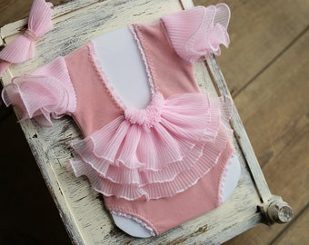 Newborn girl romper with elegant lace trim & headband,Newborn Romper,Newborn photography prop,Newborn photo outfit girl,Pregnancy gift
