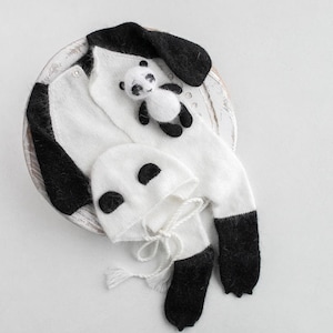 Knitted  Romper bonnet & Toy Panda ,Newborn Photography Prop Set,Newborn photography outfit,Newborn baby photoshoot outfit,Newborn Outfit