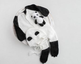 Knitted  Romper bonnet & Toy Panda ,Newborn Photography Prop Set,Newborn photography outfit,Newborn baby photoshoot outfit,Newborn Outfit