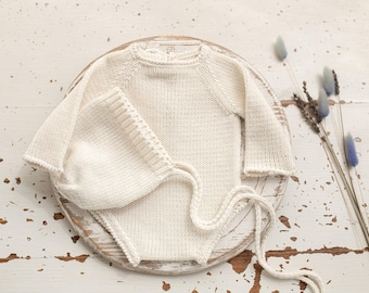 Knitted romper and bonnet,Newborn knitted Set,Newborn photography outfit,newborn knit outfit,newborn props,infant romper,baby shower gift