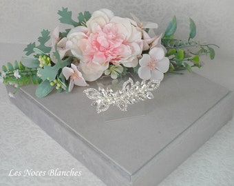 Barrette cheveux de mariée argenté feuillage perles blanches et strass Ref BAR 100