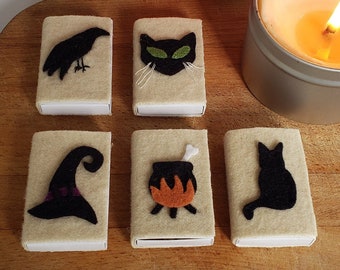 Witchy, Black Cat Halloween Themed Matchboxes, Handmade felt covered matchboxes, candle matches, great gift idea