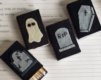 Graveyard, Halloween Themed Matchboxes, Ghosts and Headstones, Handmade felt covered matchboxes, candle matches, great gift idea