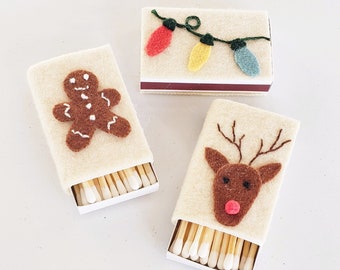 Very Merry Matchboxes, Reindeer, Christmas Lights, Gingerbread Man, Handmade Felt Covered Candle Matches