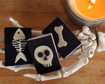 Dem Bones, Halloween Themed Matchboxes, Skull, fish skeleton, Handmade felt covered matchboxes, candle matches, great gift idea