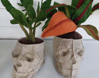 Felt Skull Planter, Skull Cache Pot, Handsewn Spooky Skull, Halloween Decor