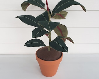 Felt Rubber fig tree, Faux Ficus elastica, fabric houseplant, textile plant, handmade, decorative potted plant