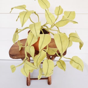 May include: A felt plant with green leaves in a terracotta pot, sitting on a wooden stool. The plant is hanging over the sides of the stool.