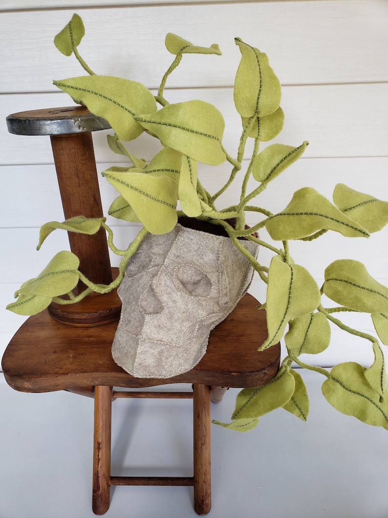 May include: A felt skull planter with a green felt plant growing out of it. The planter is sitting on a wooden stool.