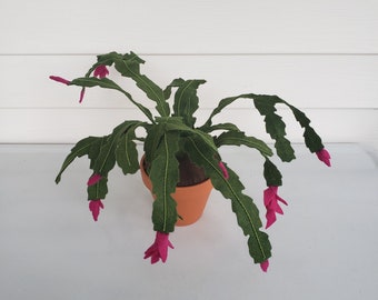 Felt Christmas Cactus,  Felt Holiday Cactus, Faux Schlumbergera, fabric cactus houseplant, textile plant, handmade, decorative potted plant