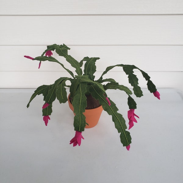 Felt Christmas Cactus,  Felt Holiday Cactus, Faux Schlumbergera, fabric cactus houseplant, textile plant, handmade, decorative potted plant
