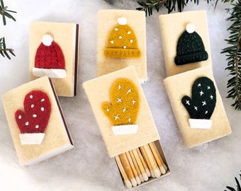 Hats and mittens decorative match boxes, handmade felt covered match boxes, candle matches