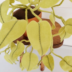 May include: A felt plant with green leaves and brown stems in a terracotta pot. The plant is sitting on a wooden stool.