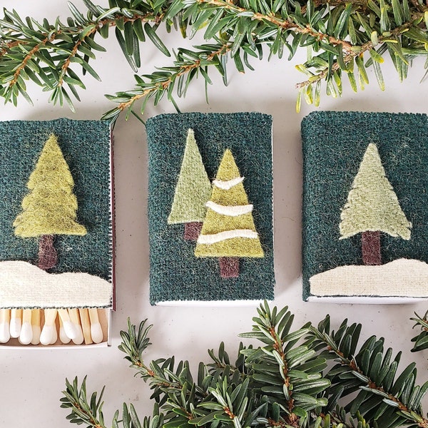 Winter Evergreen Tree Decorative Match boxes, Handmade Felt Covered Match Boxes, Candle Matches