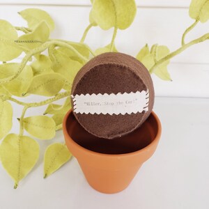 May include: A brown felt planter with a white label that says "Willard, Stop the Car!" The planter is sitting on top of a terracotta pot.