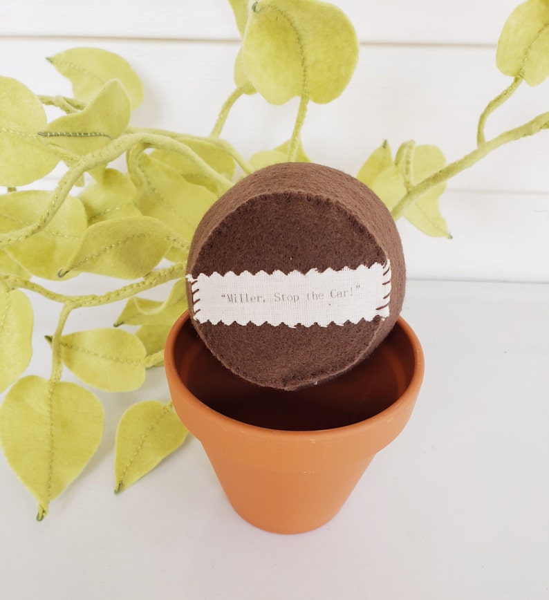 May include: A brown felt planter with a white label that says "Willard, Stop the Car!" The planter is sitting on top of a terracotta pot.