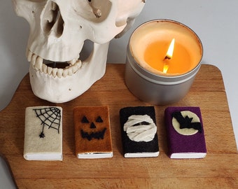 Halloween Themed Matchboxes, Spider Webs, Jack O' Lanterns, Bats, Mummies, Handmade felt covered matchboxes, candle matches, great gift idea