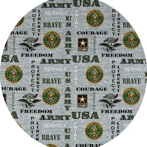 May include: A gray fabric with a repeating pattern of the United States Army logo, the words "Army USA", and other patriotic words like "Freedom", "Courage", "Service", "Brave", "Protect", and "Liberty".