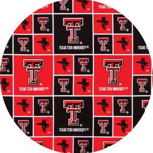 May include: A circular fabric featuring a repeating pattern of red and black squares. Each square displays the Texas Tech University logo, a stylized red "T" with the university name, and a silhouette of a cowboy hat. The design is bold and collegiate.