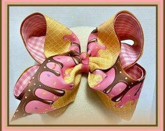 Ice Cream Cone Large Hair Bow  USA Made Large Hair Bow Grosgrain, Satin, and Polyester Ribbon