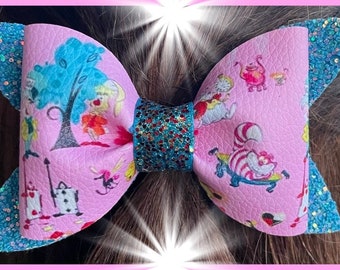 Inspired by Alice in Wonderland Faux Leather and Glitter Hair Bow READY to SHIP USA Made -Only one Available
