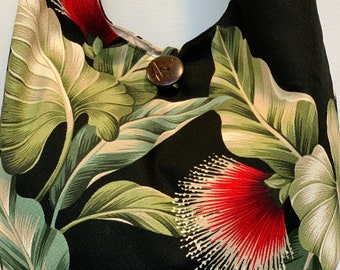 Hawaiian Print Shoulder Bag, Cotton Barkcloth, Ohia Lehua Blossom, Maui Made