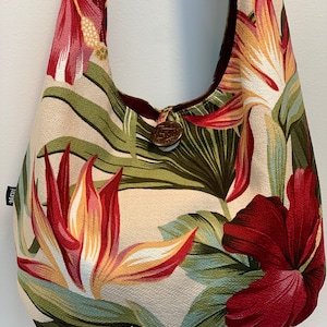 Beautiful Hawaiian print shoulder bag handmade in Maui, Hawaii/Tropical floral collection:Red Hibiscus & Bird of Paradise on cream/Maui gift