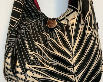 Hawaiian Barkcloth Shoulder Bag: Handmade Tropical Foliage Print, Coconut Button