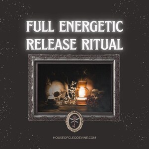 May include: A framed image with the text "FULL ENERGETIC RELEASE RITUAL". The image inside the frame features a skull, a lit lantern, and floral elements. The frame is dark with ornate detailing, set against a dark background with white star-like specks.