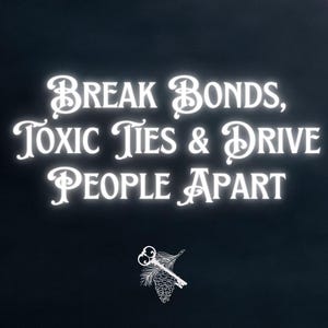 Puede incluir: Texto blanco sobre fondo azul oscuro que dice "Break Bonds, Toxic Ties & Drive People Apart". Debajo del texto hay una silueta blanca de una llave y una piña.