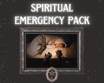 May include: A framed image with the text "SPIRITUAL EMERGENCY PACK" in white, glowing letters. The image inside the frame depicts a person in bed, with dark hands reaching up from below. The website address "HOUSEOFCLEODEVINE.COM" is at the bottom.