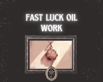May include: Image featuring a framed artwork with a pendant necklace. The necklace has a clover-shaped charm and an oval charm with a dragonfly design. The text "FAST LUCK OIL WORK" is at the top, with the website address at the bottom.
