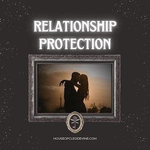 May include: A framed image with the words "RELATIONSHIP PROTECTION" in white, glowing text. The image inside the frame shows a silhouette of a couple kissing at sunset. A small oval emblem with a key design is below the frame.