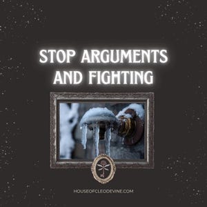 May include: A framed image with the text "STOP ARGUMENTS AND FIGHTING" in white, glowing letters. The image inside the frame shows a door handle covered in ice. A small emblem with a key and flower design is below the frame.