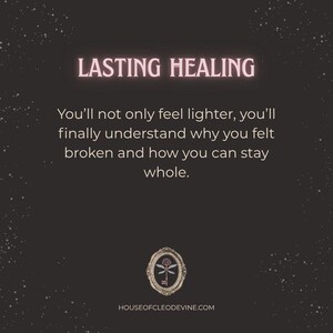 May include: A dark background with the text "LASTING HEALING" in a pink, glowing font. Below, the text reads, "You'll not only feel lighter, you'll finally understand why you felt broken and how you can stay whole." The website address is at the bottom.