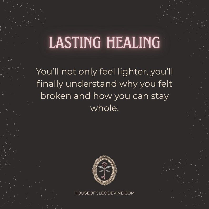 May include: A dark background with the text "LASTING HEALING" in a pink, glowing font. Below, the text reads, "You'll not only feel lighter, you'll finally understand why you felt broken and how you can stay whole." The website address is at the bottom.
