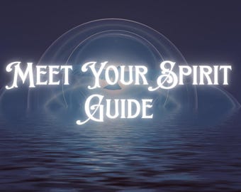 Könnte beinhalten: Ein blaues und weißes Bild mit dem Text "Meet Your Spirit Guide" in weißer Kursivschrift. Das Bild zeigt eine blaue und weiße Wasserszene mit einem weißen Kreis in der Mitte.