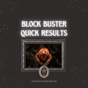 May include: A dark image with the text "BLOCK BUSTER QUICK RESULTS" in glowing white letters. A framed image shows hands cupping a lit oil lamp. A small oval emblem with a key design is below the frame. The website address is at the bottom.
