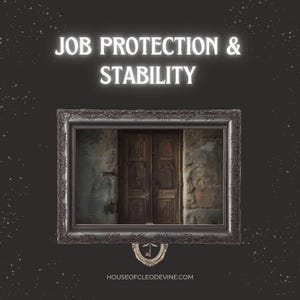 May include: An image with the text "JOB PROTECTION & STABILITY" in white, glowing letters. Below, a framed image of a wooden door set in a stone wall. The frame is dark gray with ornate detailing. The background is dark gray with white star-like specks.