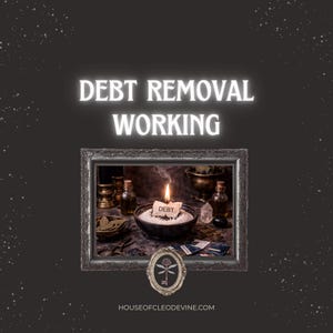 Puede incluir: Imagen oscura con el texto "DEBT REMOVAL WORKING" en blanco. Una imagen enmarcada muestra una vela encendida con la palabra "DEBT" escrita, rodeada de otros objetos. Fondo oscuro con estrellas blancas.