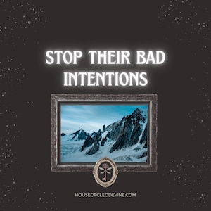 May include: A dark background with the text "STOP THEIR BAD INTENTIONS" in white. Below the text is a framed landscape image of snow-capped mountains. A small oval frame with a key design is below the landscape image. The website address is at the bottom.