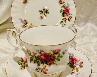 Royal Albert Moss Rose cup, saucer and plate set