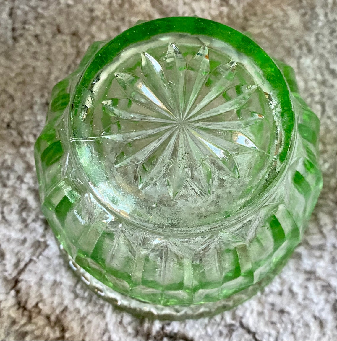 Green Depression Glass vase with frog insert Etsy