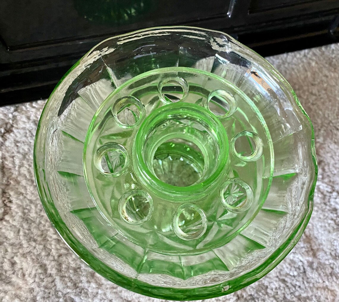 Green Depression Glass vase with frog insert Etsy