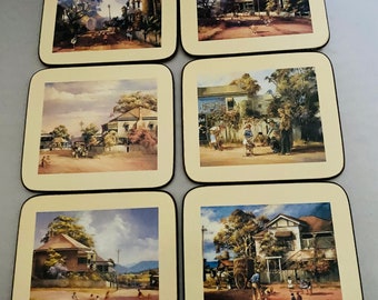 Vintage prints cork backed coaster set (6)